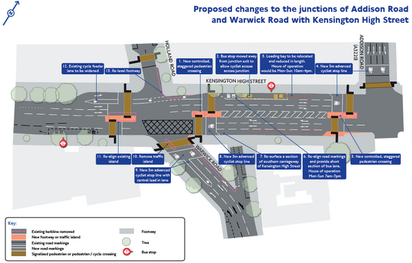 The photo for Proposed changes to the junction Kensington High Street with Warwick Gardens and Warwick Road.